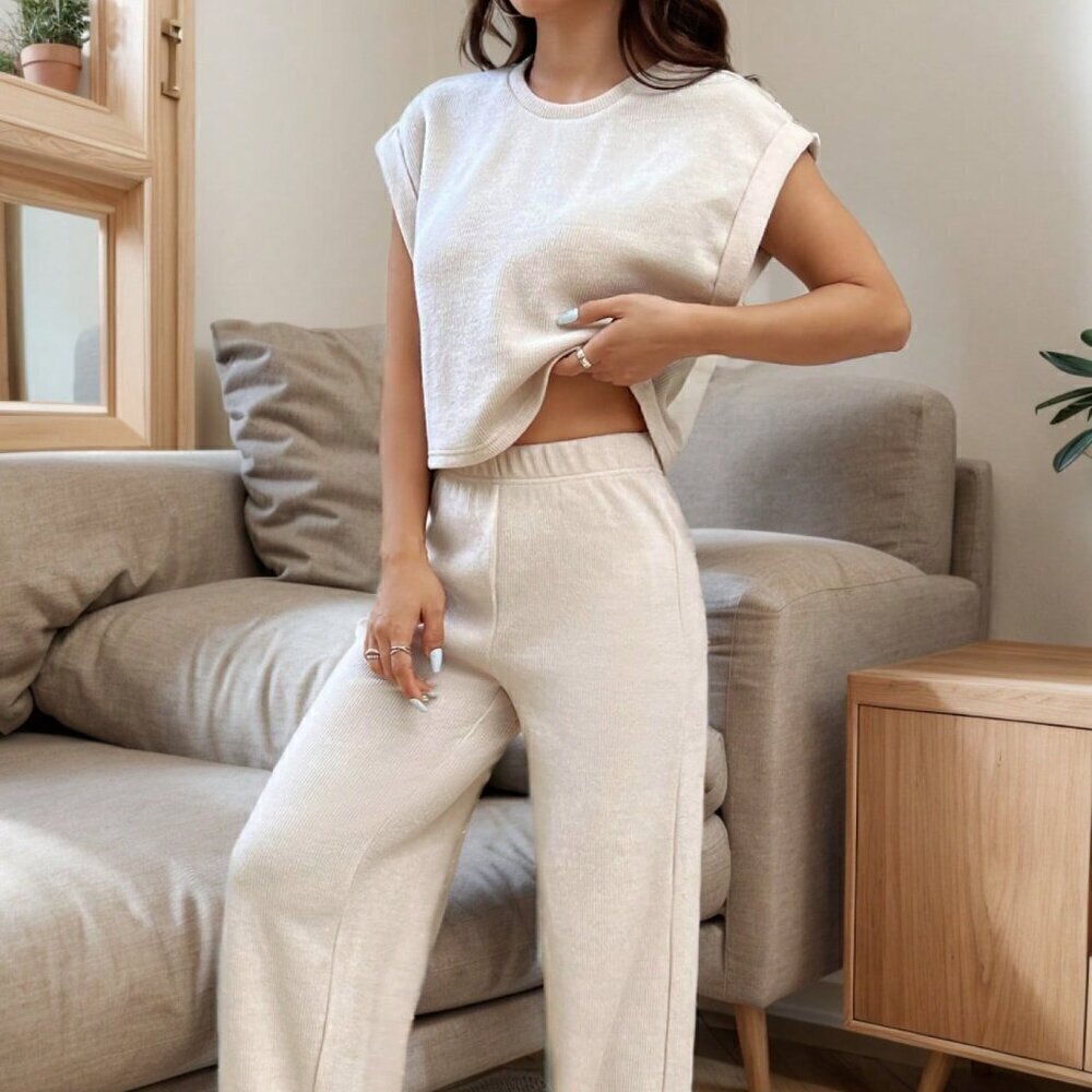 Apricot Casual Women's Knit Loose Batwing Sleeve Top And Pants Set